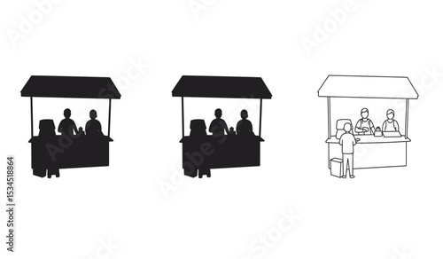 Booth or stand icon set with exhibitor. Sales booth icon set isolated on white background.