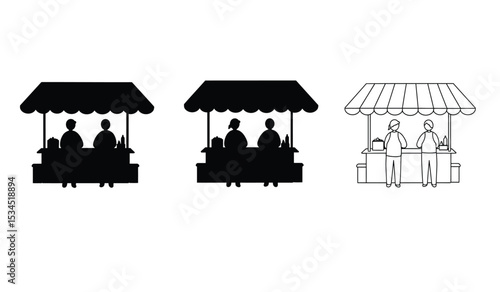 Booth or stand icon set with exhibitor. Sales booth icon set isolated on white background.