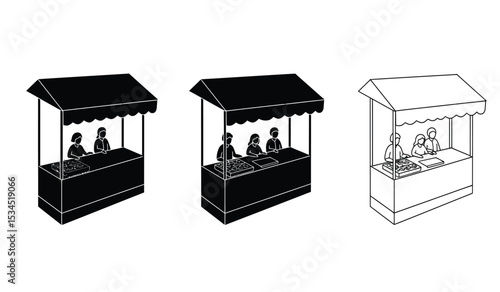 Booth or stand icon set with exhibitor. Sales booth icon set isolated on white background.