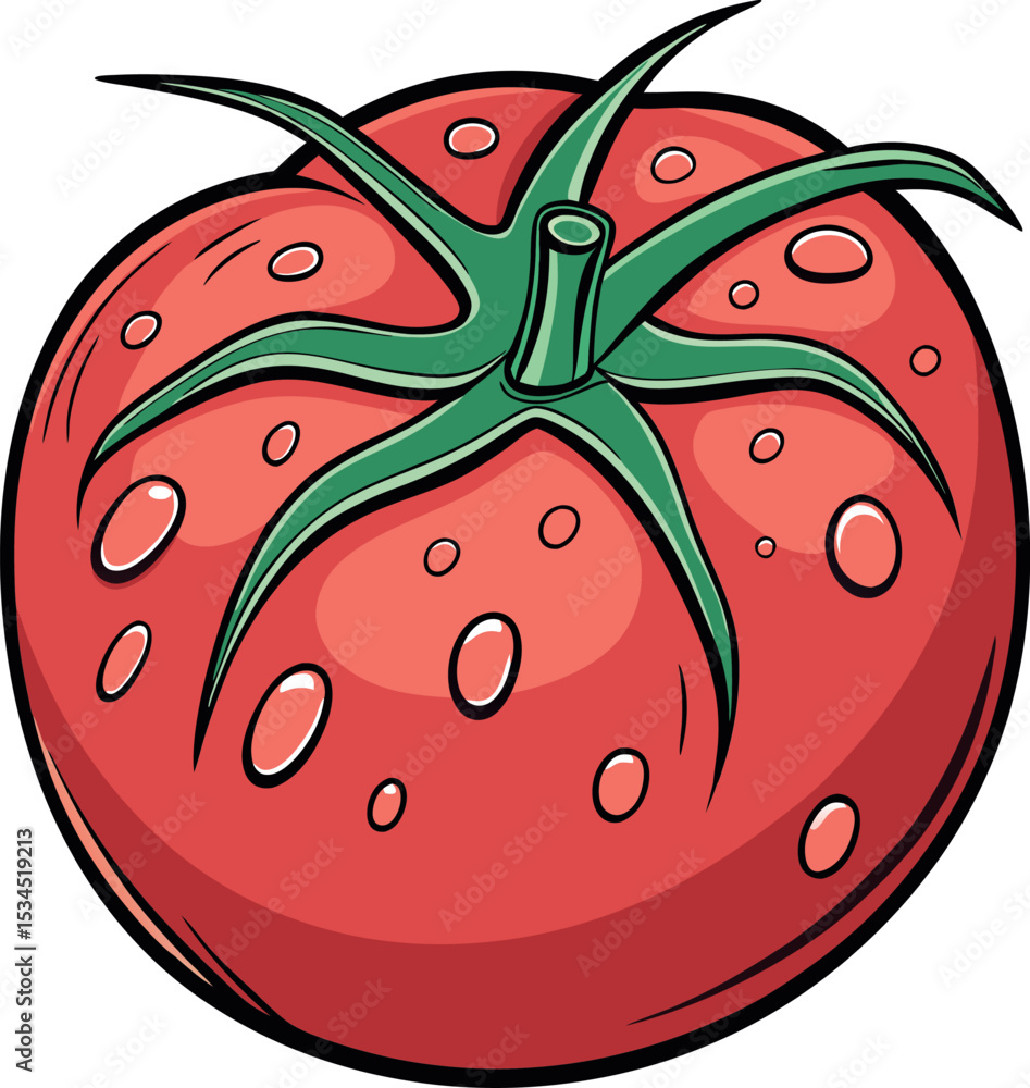 Obraz premium Realistic vibrant red tomato with water droplets and green stem vector illustration.