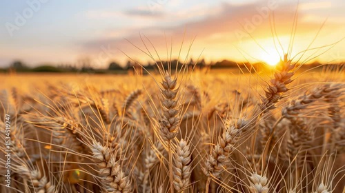 Golden wheat sheaf glowing beautifully at sunset in a tranquil rural field landscape scene