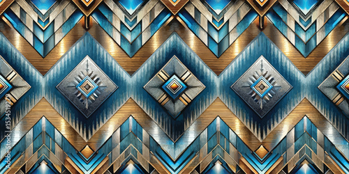 Intricate geometric pattern with metallic blues and golds, creating a vibrant visual depth.
