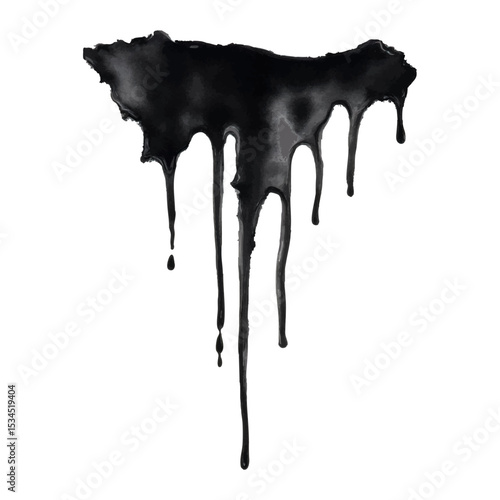 Dark watercolor splash with dripping effect resembling black blood or slime isolated on transparent background, perfect for horror and Halloween themed visuals and backgrounds. Vector art