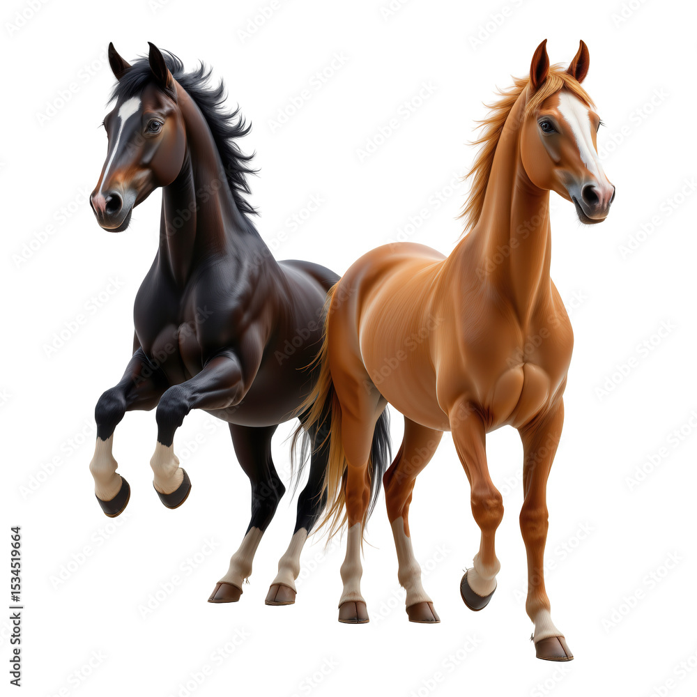 Fototapeta premium Majestic Black and Chestnut Horses Galloping Together in a Lush Green Landscape Under Clear Blue Sky