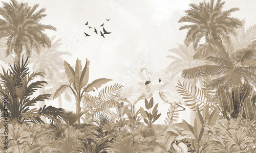 Canvas Print Aged Wildlife Wall Mural: Faded Sepia Flamingo, Birds & Tropical Forest Backgrou