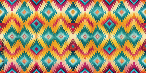 Colorful geometric pattern with vibrant hues of teal, orange, and magenta.