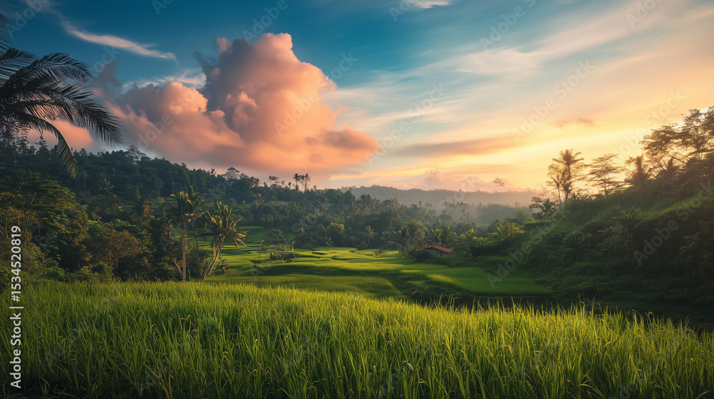Obraz premium green field and blue sky. field and clouds