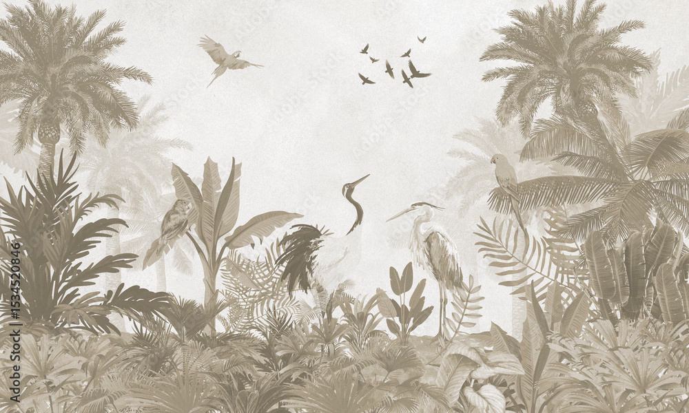 custom made wallpaper toronto digitalAged Nature Wall Mural: Faded Sepia Tropical Plants Background with Flying Birds