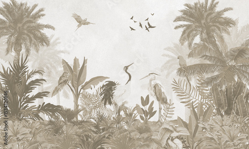Wallpaper Mural Aged Nature Wall Mural: Faded Sepia Tropical Plants Background with Flying Birds Torontodigital.ca