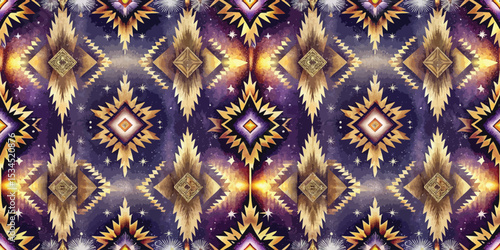 A vibrant geometric pattern in rich purples and golds, ideal for modern decor.