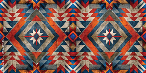Colorful geometric pattern with earthy tones and vibrant shapes.