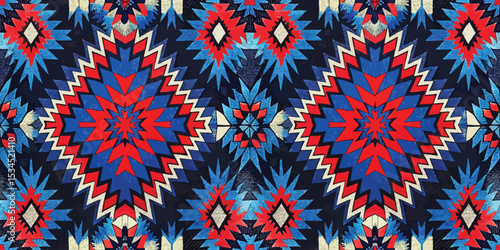 Vibrant geometric pattern featuring red, blue, and cream colors on a dark background.