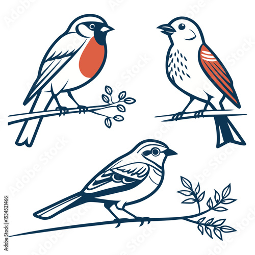 Wallpaper Mural Set of 3 bird illustrations on branches Torontodigital.ca