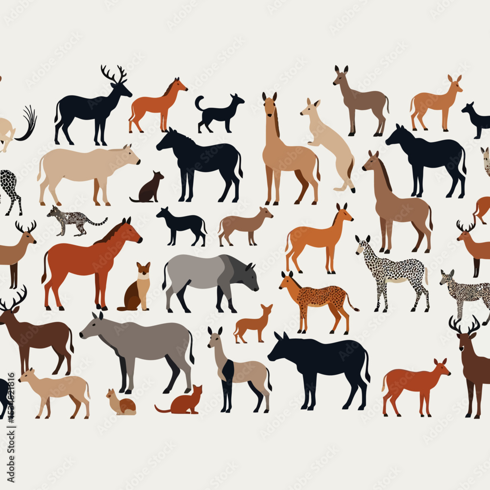 Fototapeta premium Animal Illustration-Variety of Wildlife-Deer-Horses-Cats-Zebras-Flat Design-Nature Themed-Colorful Animal Art-Illustration of Wild Animals Together-Fauna Pattern