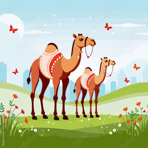 Camel Family Illustration-Cute Camels in Nature-Desert Animals with Butterflies-Kids Art-Cartoon Animals-Whimsical Landscape-Animal Vector Graphic