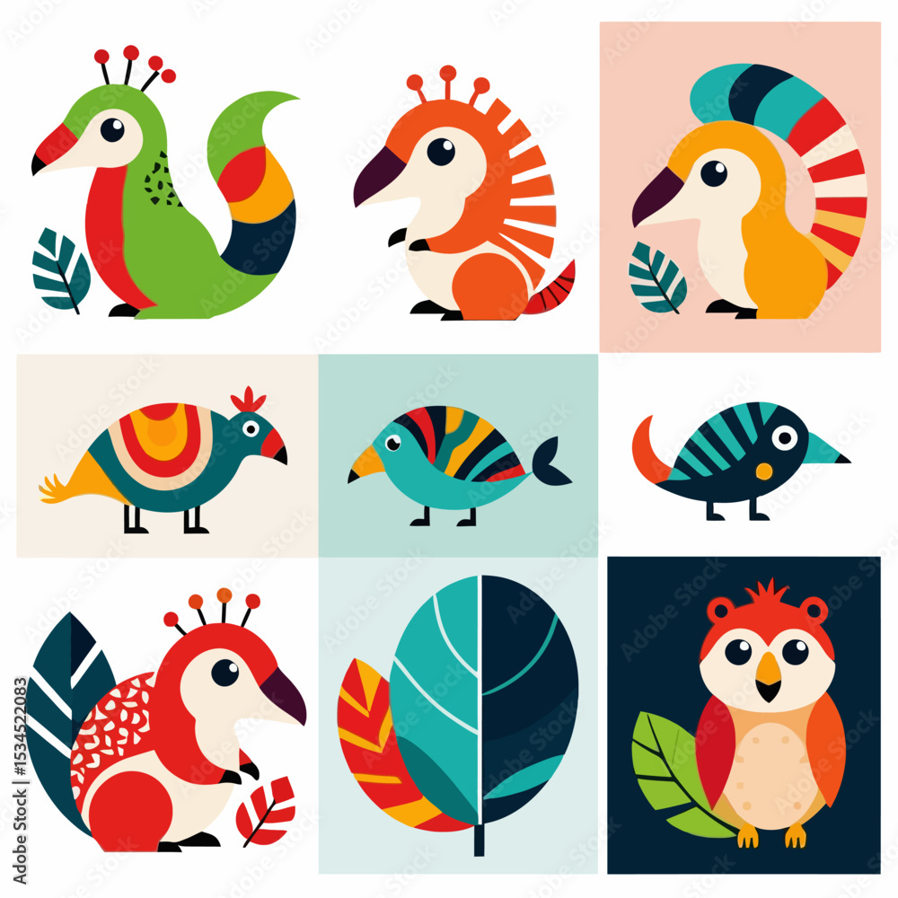 Fototapeta premium Colorful Birds and Leaves Illustration- Quirky Cartoon Birds in Geometric Shapes- Whimsical Bird Art for Kids- Cute Owls and Botanical Elements- Playful Bird Pattern Design
