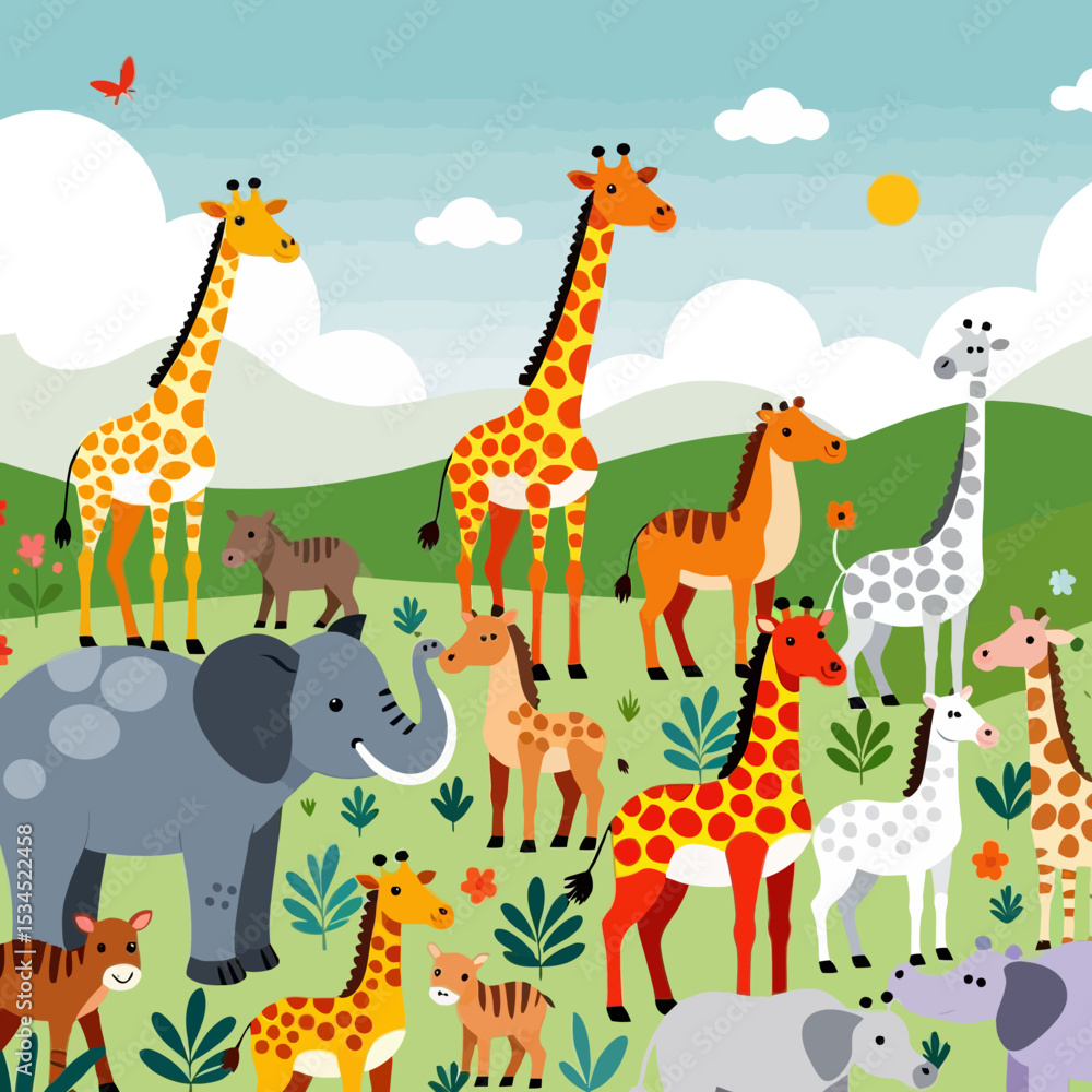 Cute Cartoon Animals in a Field Illustration- Giraffes Elephants Zebras and Hippos- Kids Room Decor- Nursery Art Print- Childrens Book Illustration Style- Whimsical Animal Scene Cute Cartoon Animals in a Field Illustration- Giraffes Elephants Zebras and Hippos- Kids Room Decor- Nursery Art Print- Childrens Book Illustration Style- Whimsical Animal Scene