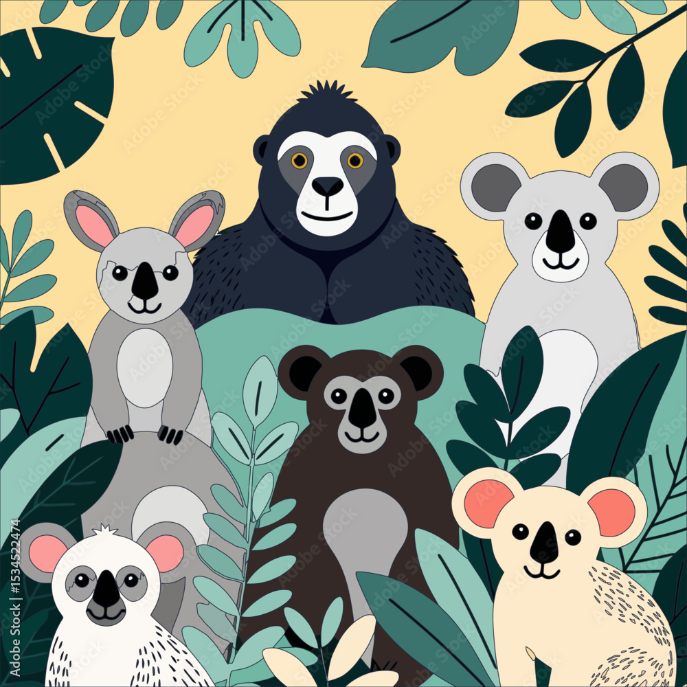Obraz premium Cute Cartoon Animals in Jungle Illustration-Adorable Koalas-Friendly Gorilla Graphic-Wildlife Art for Kids-Playful Animal Design-Nature Themed Artwork