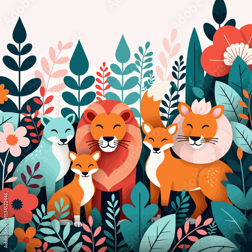 Cute Cartoon Animals in Floral Garden Illustration - Whimsical Foxes and Lions Artwork - Colorful Nature Scene for Kids and Adults Alike