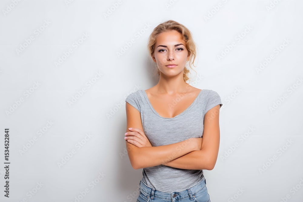 Fototapeta premium A confident woman in casual attire symbolizing faith and resolve.