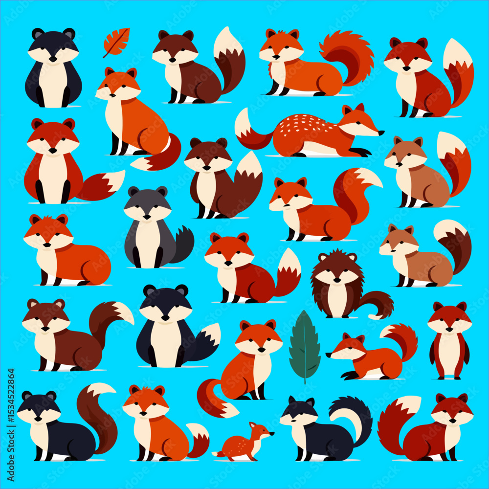 Naklejka premium Cute Fox Illustration Collection - Whimsical Foxes in Various Colors - Adorable Fox Characters for Design Projects - Ideal for Kids and Nature Themes