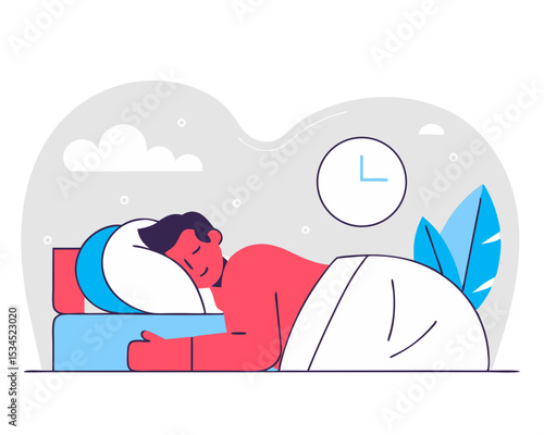 Flat Vector Man Sleeping Comfortably at Night - Balanced Sleep Cycle, Health Recovery & Overnight Fasting Concept in Bedroom Scene