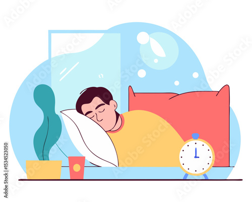 Flat Vector Man Sleeping Comfortably at Night - Balanced Sleep Cycle, Health Recovery & Overnight Fasting Concept in Bedroom Scene