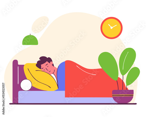 Flat Vector Man Sleeping Comfortably at Night - Balanced Sleep Cycle, Health Recovery & Overnight Fasting Concept in Bedroom Scene