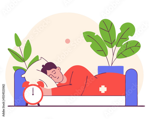 Flat Vector Man Sleeping Comfortably at Night - Balanced Sleep Cycle, Health Recovery & Overnight Fasting Concept in Bedroom Scene
