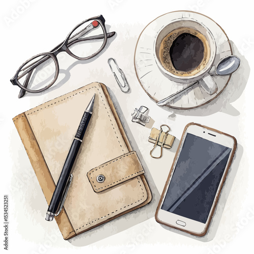  Minimalist watercolor flat lay of office essentials on a clean white background representing a morning work routine with copy space.