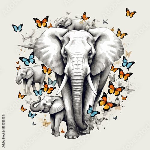 Elephant Family Surrounded by Butterflies Art - Whimsical Wildlife Illustration - Graphite Elephants with Colorful Butterfly Accents - Unique Animal Art