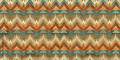 Colorful geometric patterns in warm tones create a vibrant textile design.