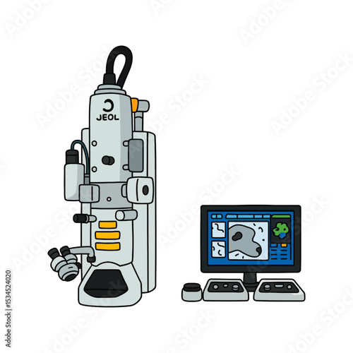 Cartoon Scanning Electron Microscope (SEM) with Display Monitor – Isolated Vector