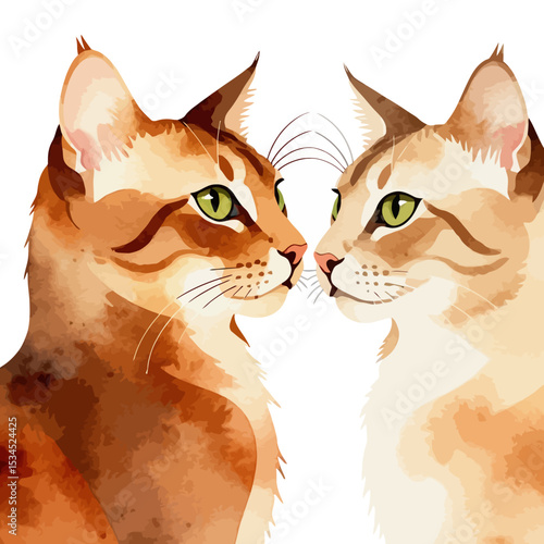 Watercolor Cats Portrait- Two Beautiful Felines in Watercolor Art- Green Eyed Cats Looking at Each Other- Artistic Illustration of Pets- Cat Lover Gift Idea