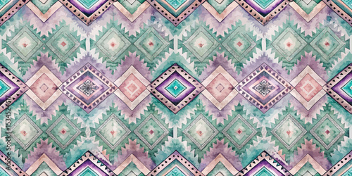 Geometric watercolor pattern in pastel colors with intricate diamond shapes.