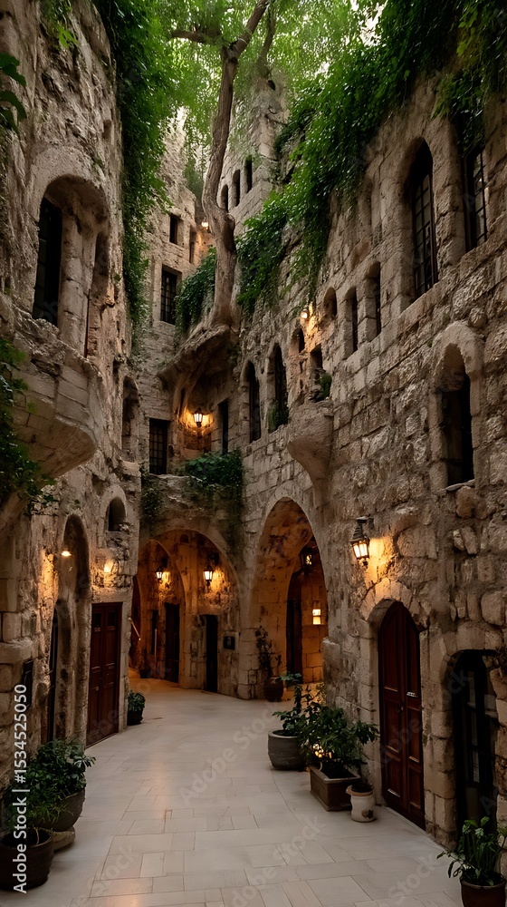 Picturesque Ancient Stone Alleyway with Arched Doorways, Greenery, and Warm Lighting, Evoking a Sense of History and Exploration. Picturesque Ancient Stone Alleyway with Arched Doorways, Greenery, and Warm Lighting, Evoking a Sense of History and Exploration.