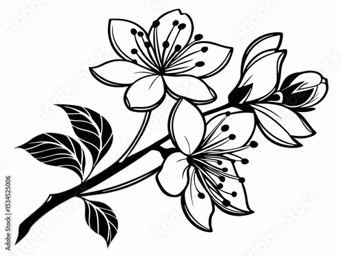 Elegant black and white cherry blossom branch