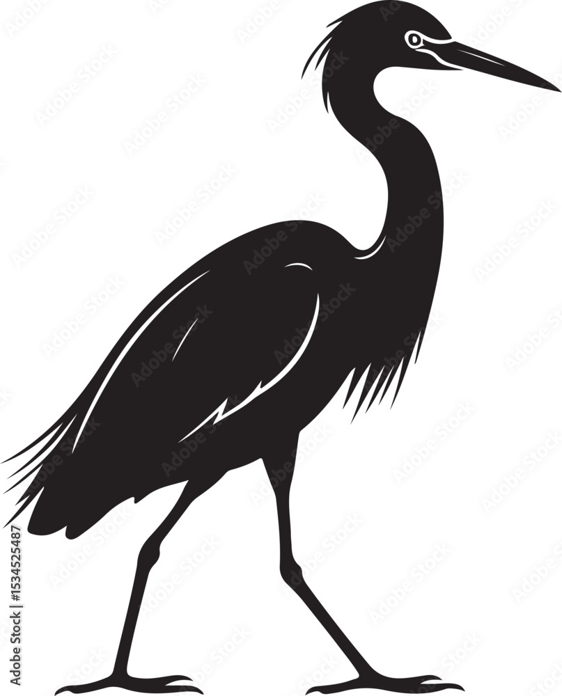 Obraz premium Egret Side View – Solid Black Silhouette and Outline Vector Set