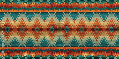 Colorful tribal pattern featuring vibrant geometric designs in earthy tones.