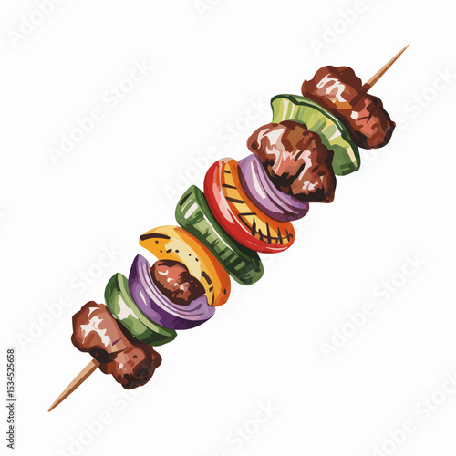 Watercolor Kebab Skewer with Meat and Vegetables