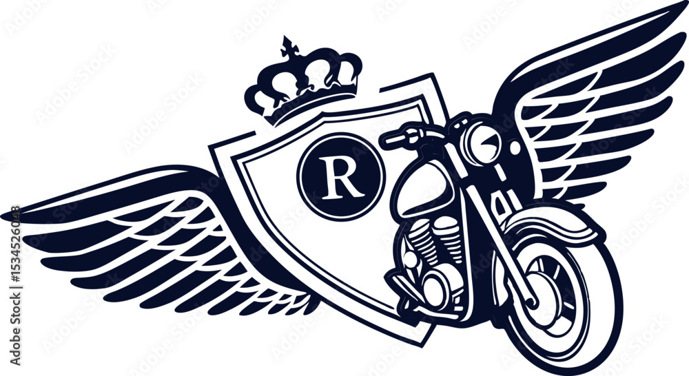 Obraz premium Logo with royal crown and shield featuring letter R and wings vector illustration.