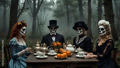 An eerie yet whimsical Halloween tea party in a forest clearing, skeleton guests in fine suits and dresses, steam and smoke rising from teacups and candles.
