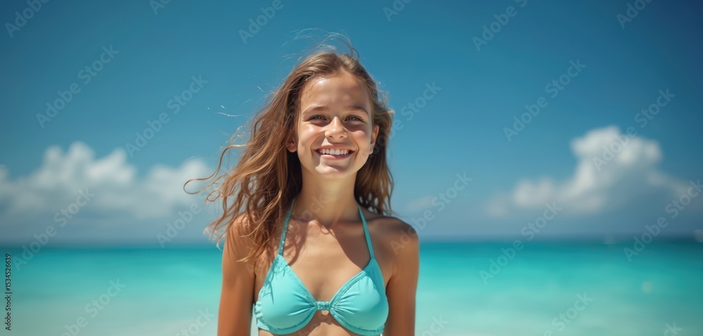 Beautiful young girl enjoys summer time at beach. Happy female smiles at camera. Sky, blue ocean at background. Girl wearing bikini, feeling relax on holiday vacation. Summer travel photo. Beautiful young girl enjoys summer time at beach. Happy female smiles at camera. Sky, blue ocean at background. Girl wearing bikini, feeling relax on holiday vacation. Summer travel photo.