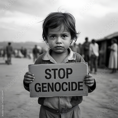 Plea for Peace: Young child holding sign against injustice – Poignant and emotional – Transparent PNG
