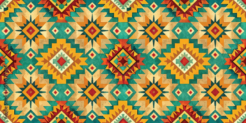 Colorful geometric pattern with warm tones and intricate designs, perfect for textiles.