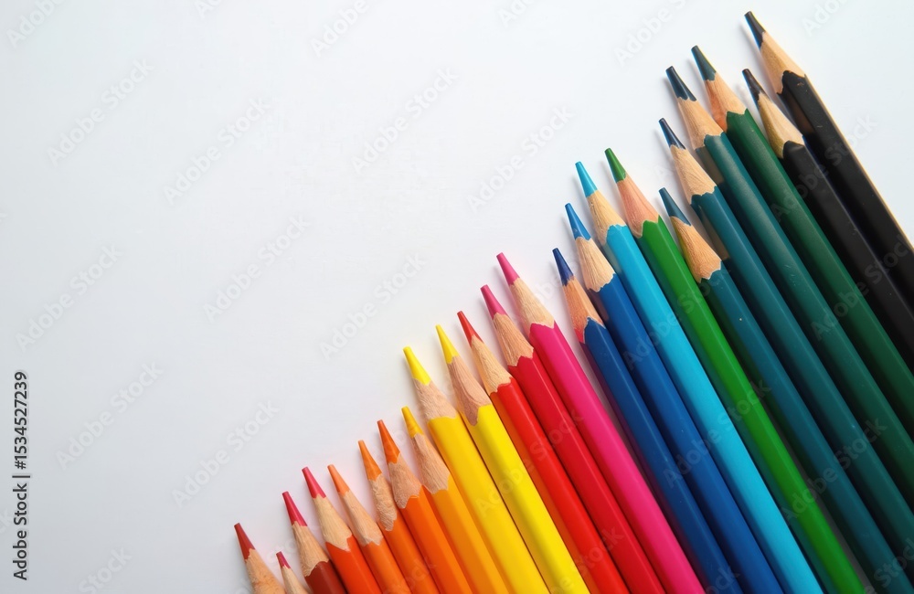 Close-up photo of colorful pencils on white background. Pencils arranged diagonally, various colors. Art education background for school, creativity, design, writing, drawing supplies. Close-up photo of colorful pencils on white background. Pencils arranged diagonally, various colors. Art education background for school, creativity, design, writing, drawing supplies.