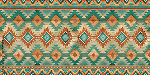 Colorful tribal pattern featuring diamonds and zigzags in earthy tones.