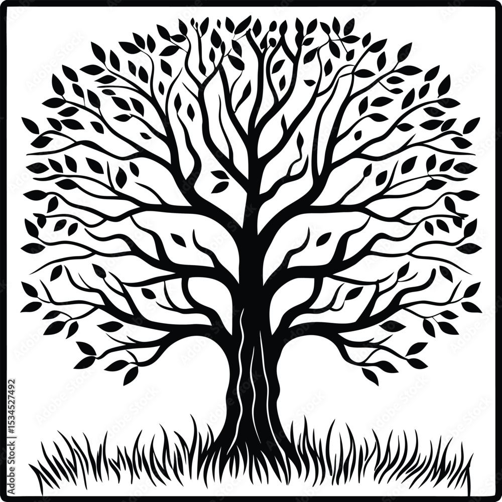 Obraz premium Black Silhouette Tree with Roots and Leaves – Symbolic Nature and Growth Vector Art