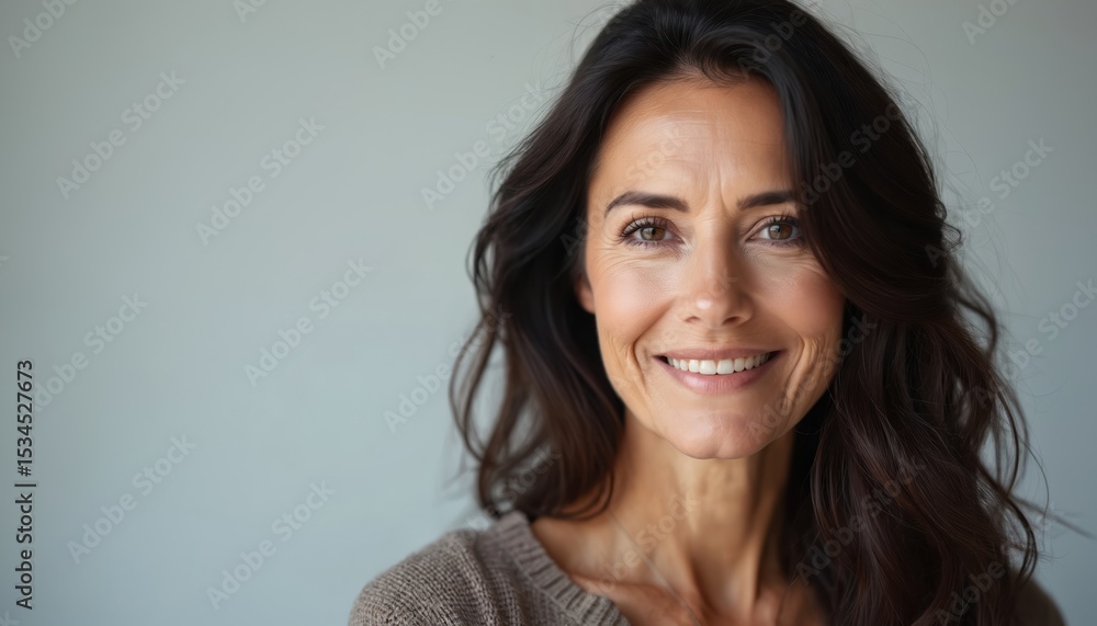 Naklejka premium Studio portrait of attractive caucasian woman with dark long hair. Smiling mature female, perfect skin, healthy teeth. Middle age, confidence, beauty, style. White background, natural lighting. Ideal