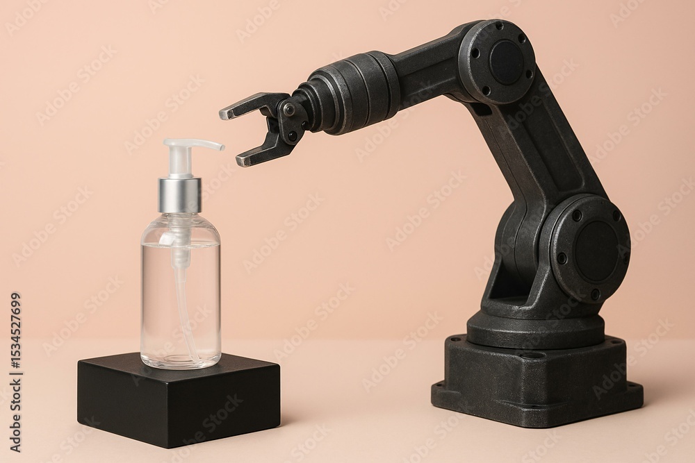 Robotic Arm Handling Clear Pump Bottle in Packaging Manufacturing Process Robotic Arm Handling Clear Pump Bottle in Packaging Manufacturing Process